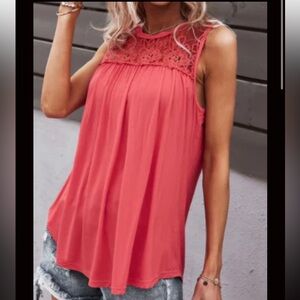 Pink Lace Contrast Yoke Tank Top